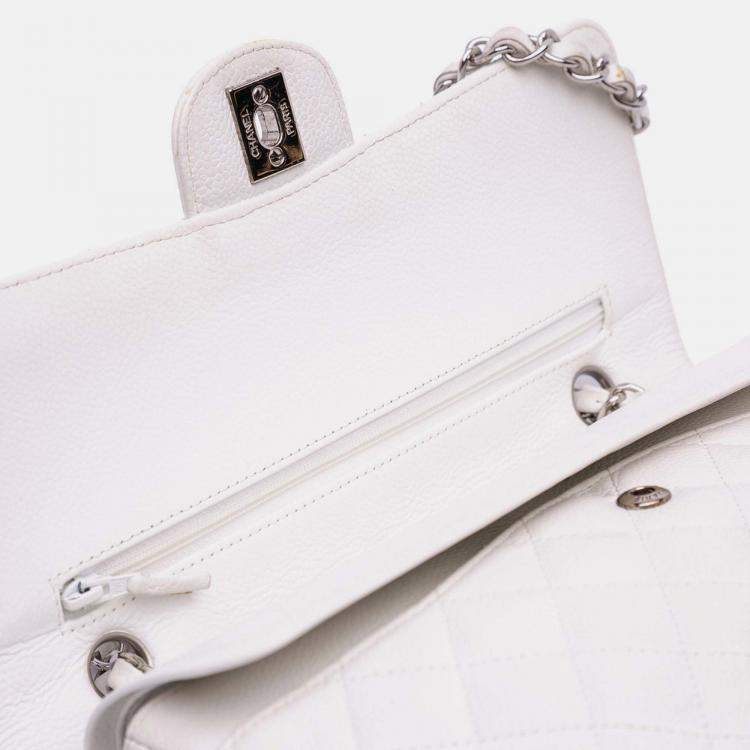 Pre Owned Chanel Classic Double Flap Medium White Caviar Shoulder Bag
