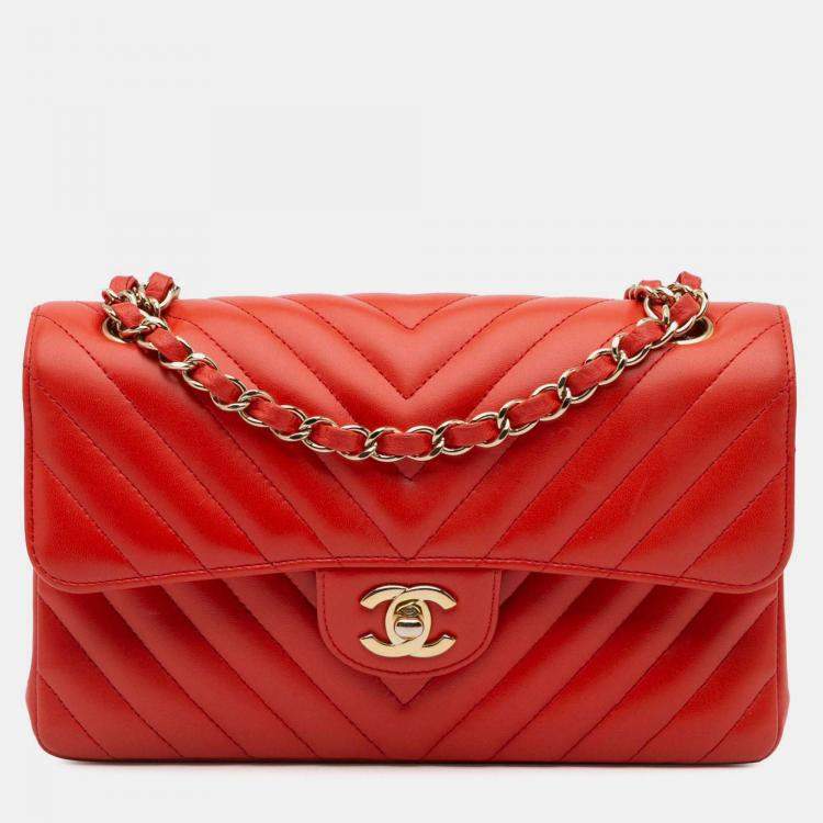Pre Owned Chanel Classic Double Flap Small Orange Chevron Lambskin Shoulder Bag