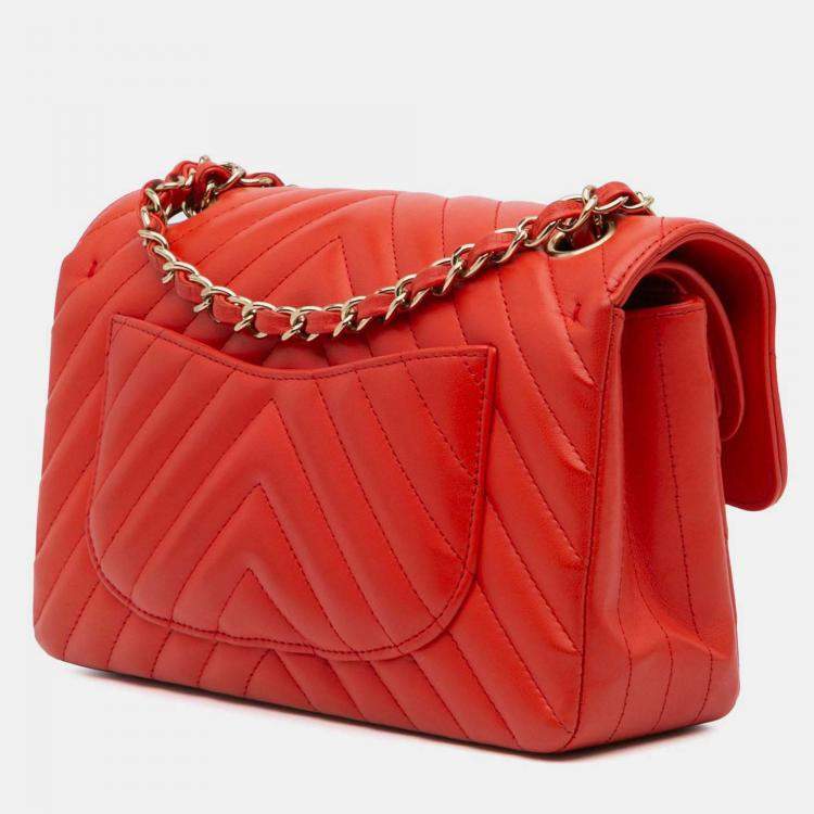 Pre Owned Chanel Classic Double Flap Small Orange Chevron Lambskin Shoulder Bag