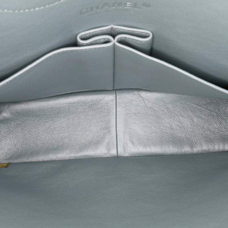 Pre Owned Chanel Classic Double Flap Jumbo Silver Lambskin Shoulder Bag