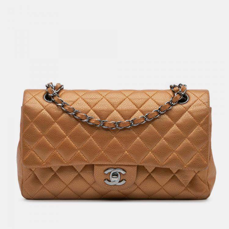 Pre Owned Chanel Classic Double Flap Medium Brown Metallic Caviar Shoulder Bag