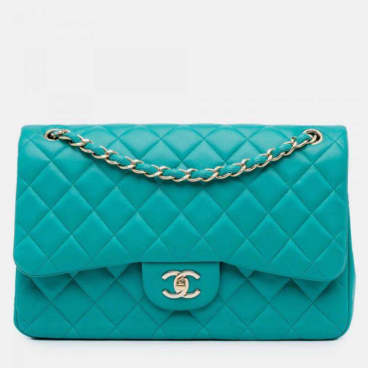 Pre Owned Chanel Classic Double Flap Jumbo Blue Lambskin Shoulder Bag