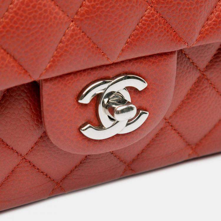 Pre Owned Chanel Classic Double Flap Medium Orange Caviar Shoulder Bag