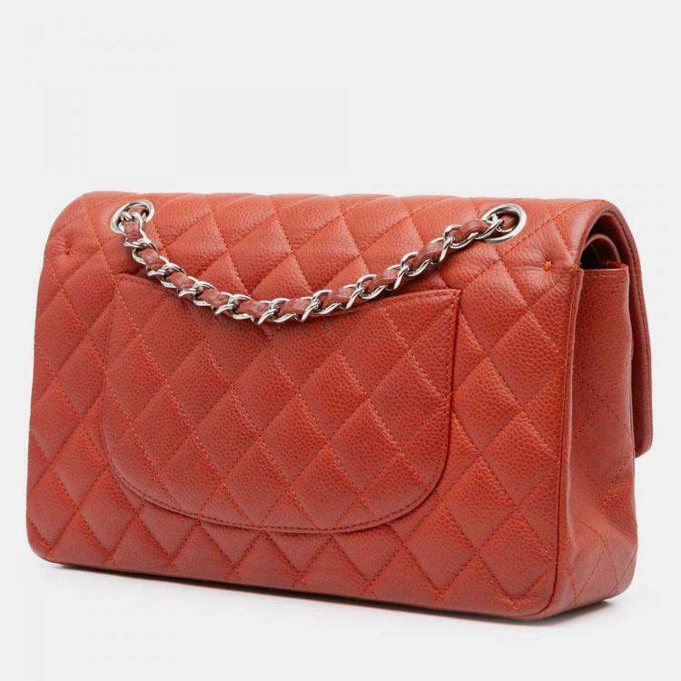 Pre Owned Chanel Classic Double Flap Medium Orange Caviar Shoulder Bag