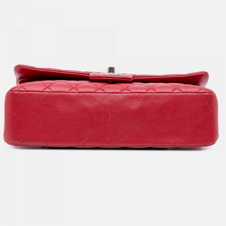 Pre Owned Chanel Classic Double Flap Medium Red Lambskin Shoulder Bag