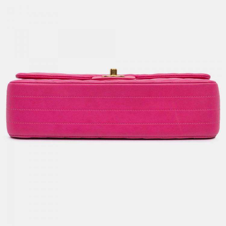 Pre Owned Chanel Classic Double Flap Medium Pink Chevron Lambskin Shoulder Bag