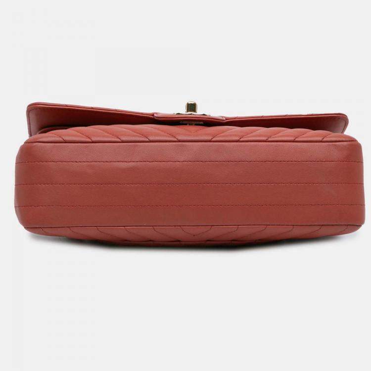 Pre Owned Chanel Classic Double Flap Medium Orange Chevron Lambskin Shoulder Bag
