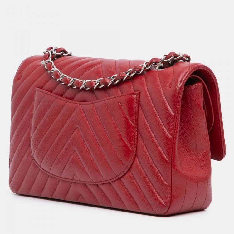 Pre Owned Chanel Classic Double Flap Medium Red Chevron Caviar Shoulder Bag