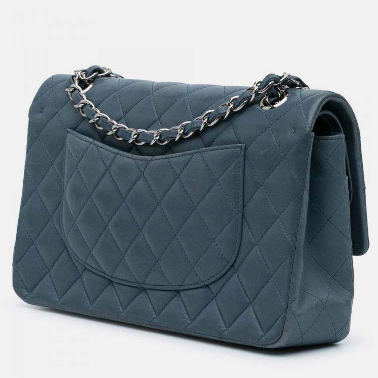 Pre Owned Chanel Classic Double Flap Medium Blue Lambskin Shoulder Bag