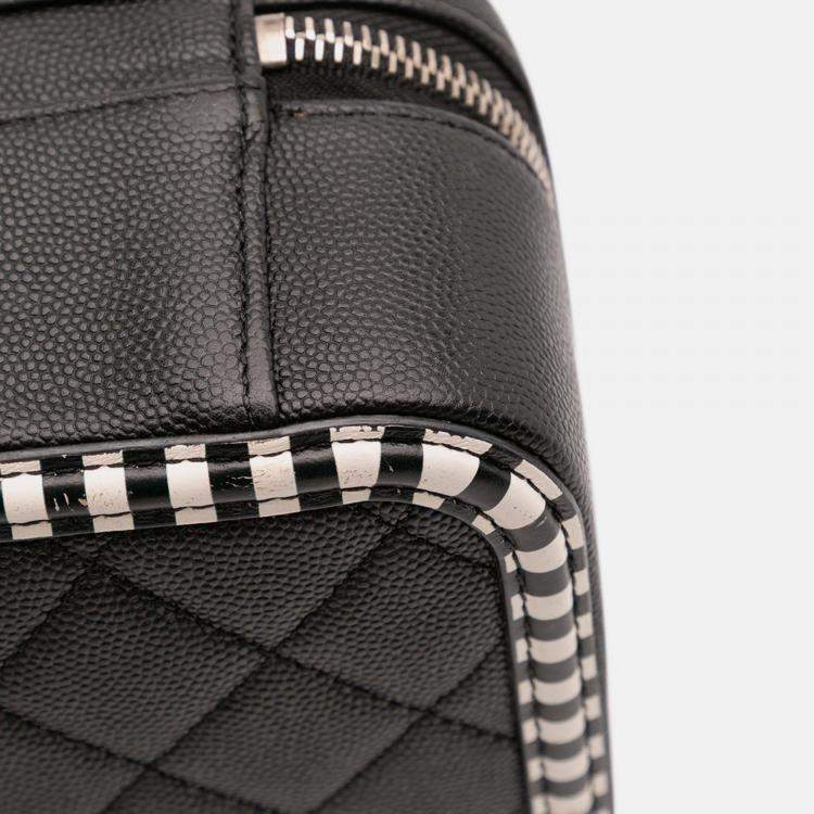 Pre Owned Chanel Black White Small Caviar Striped CC Filigree Vanity Case