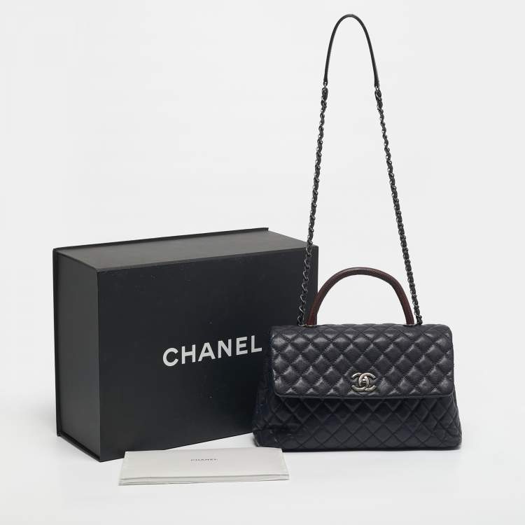 Pre Owned Chanel Navy Blue Caviar Leather and Lizard Medium Coco Top Handle Bag