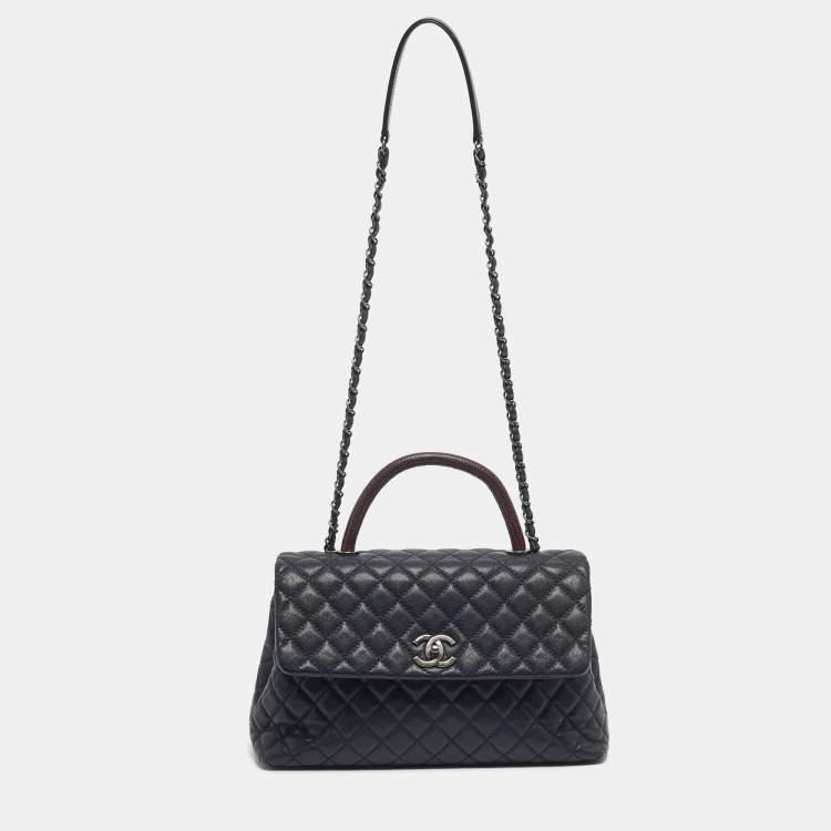 Pre Owned Chanel Navy Blue Caviar Leather and Lizard Medium Coco Top Handle Bag