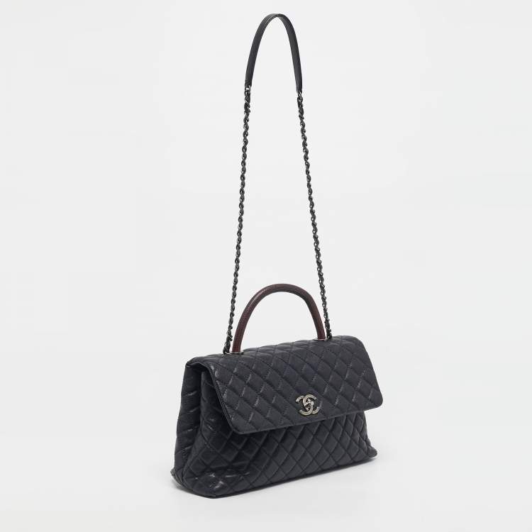 Pre Owned Chanel Navy Blue Caviar Leather and Lizard Medium Coco Top Handle Bag