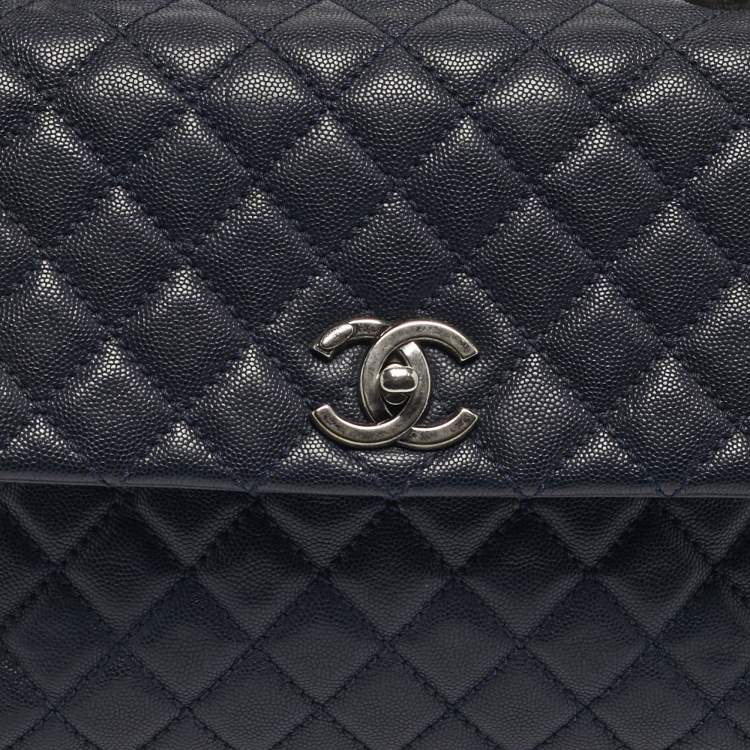 Pre Owned Chanel Navy Blue Caviar Leather and Lizard Medium Coco Top Handle Bag