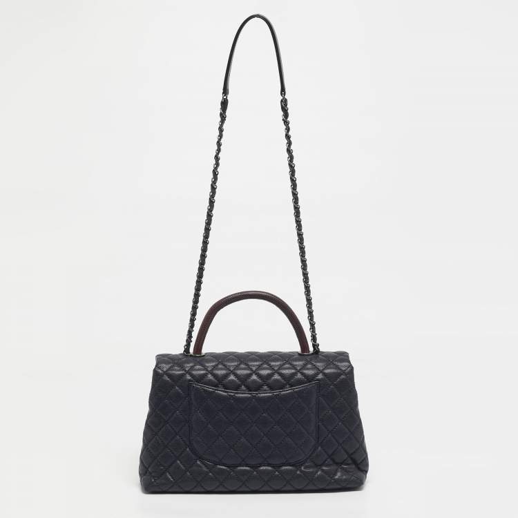 Pre Owned Chanel Navy Blue Caviar Leather and Lizard Medium Coco Top Handle Bag