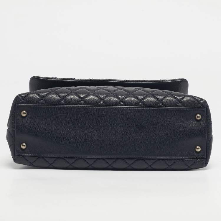 Pre Owned Chanel Navy Blue Caviar Leather and Lizard Medium Coco Top Handle Bag