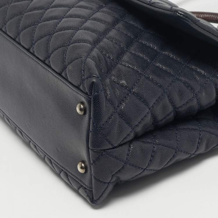 Pre Owned Chanel Navy Blue Caviar Leather and Lizard Medium Coco Top Handle Bag