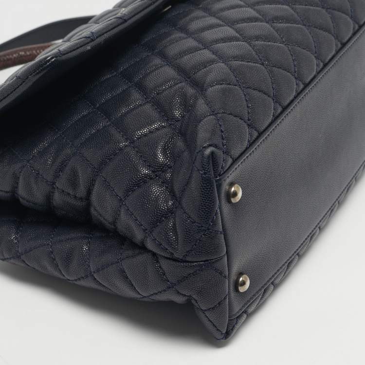 Pre Owned Chanel Navy Blue Caviar Leather and Lizard Medium Coco Top Handle Bag