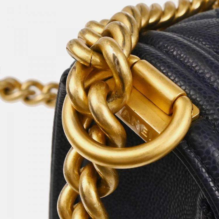 Pre Owned Chanel Boy Small Navy Leather Calfskin Chain Shoulder Bag