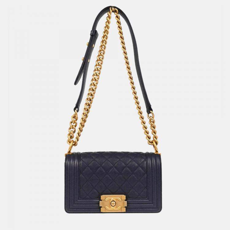 Pre Owned Chanel Boy Small Navy Leather Calfskin Chain Shoulder Bag