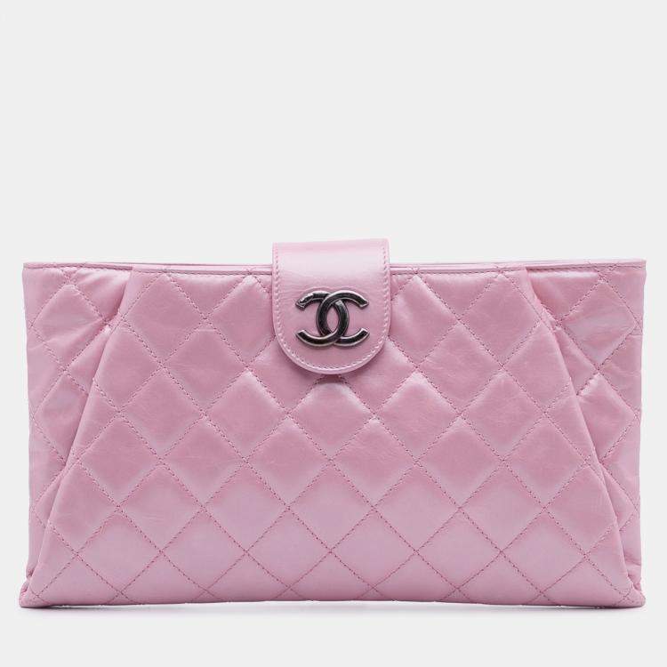 Pre Owned Chanel Pink Quilted Glazed Calfskin Coco Pleats Clutch