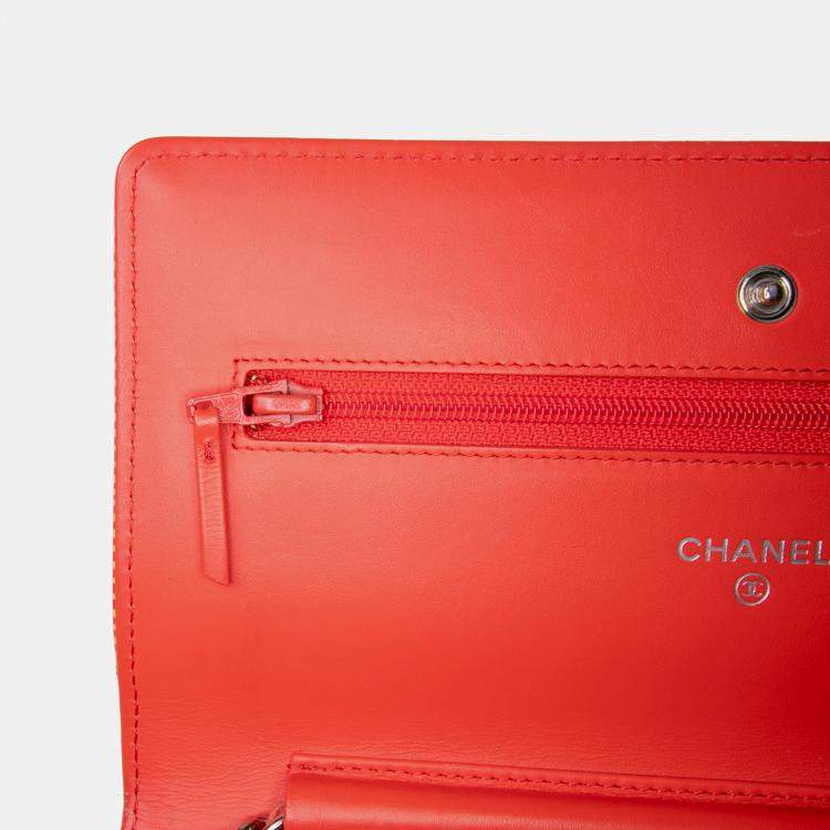 Pre Owned Chanel Orange Red Patent Striped Wallet On Chain