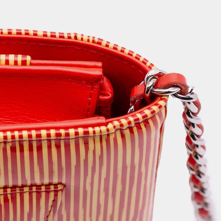 Pre Owned Chanel Orange Red Patent Striped Wallet On Chain
