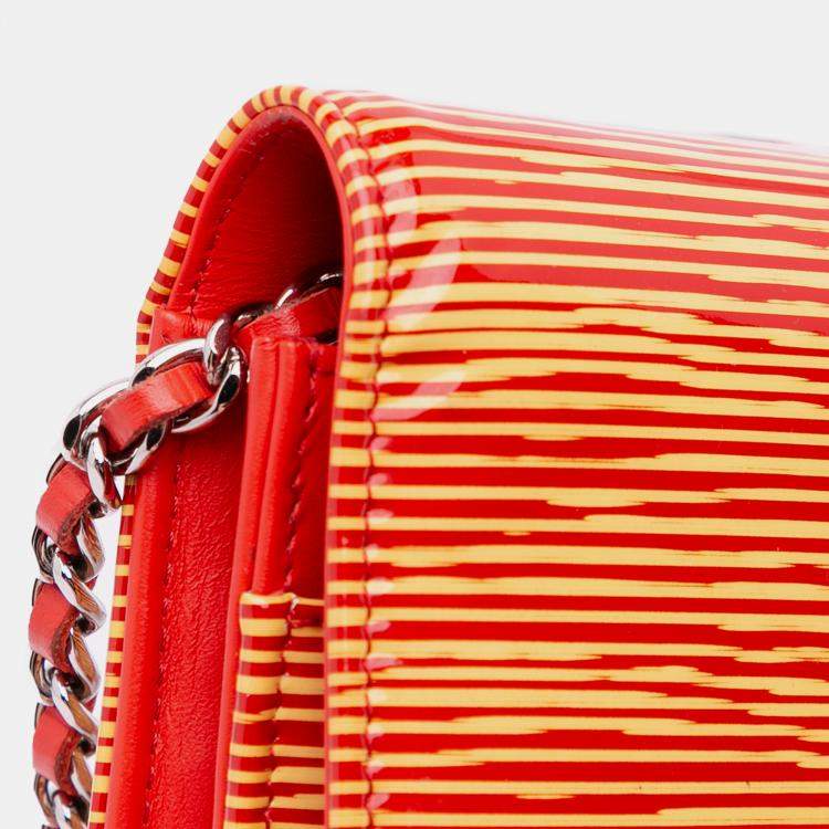 Pre Owned Chanel Orange Red Patent Striped Wallet On Chain