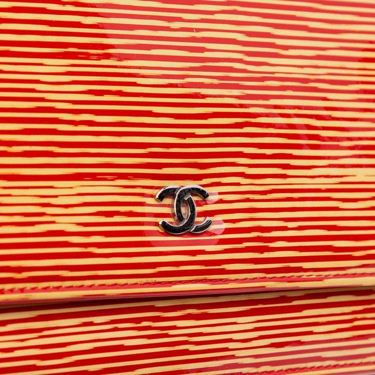 Pre Owned Chanel Orange Red Patent Striped Wallet On Chain
