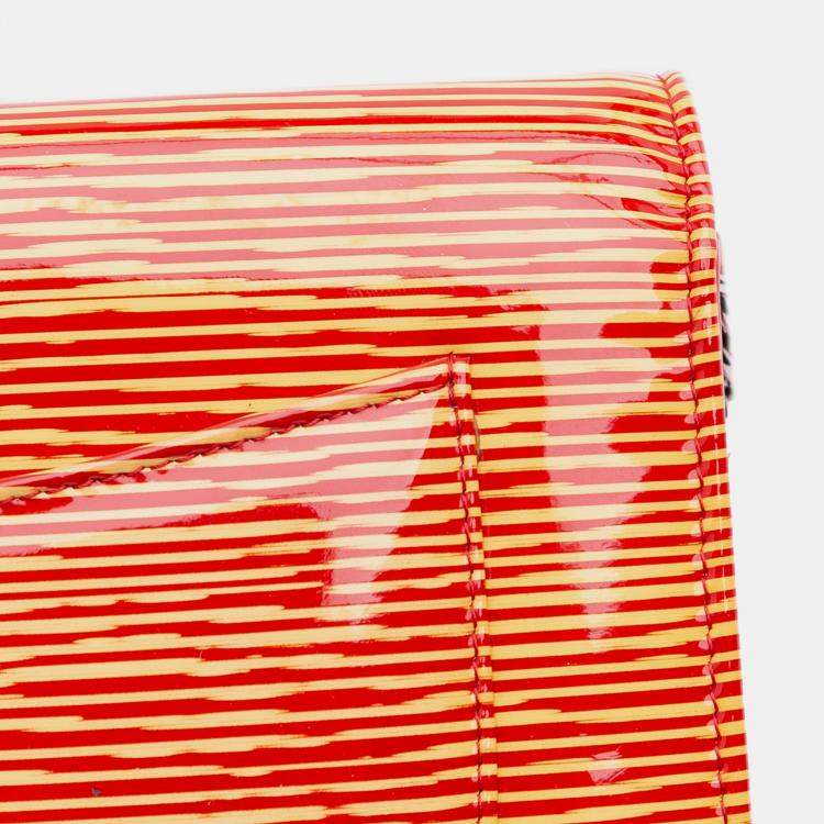 Pre Owned Chanel Orange Red Patent Striped Wallet On Chain