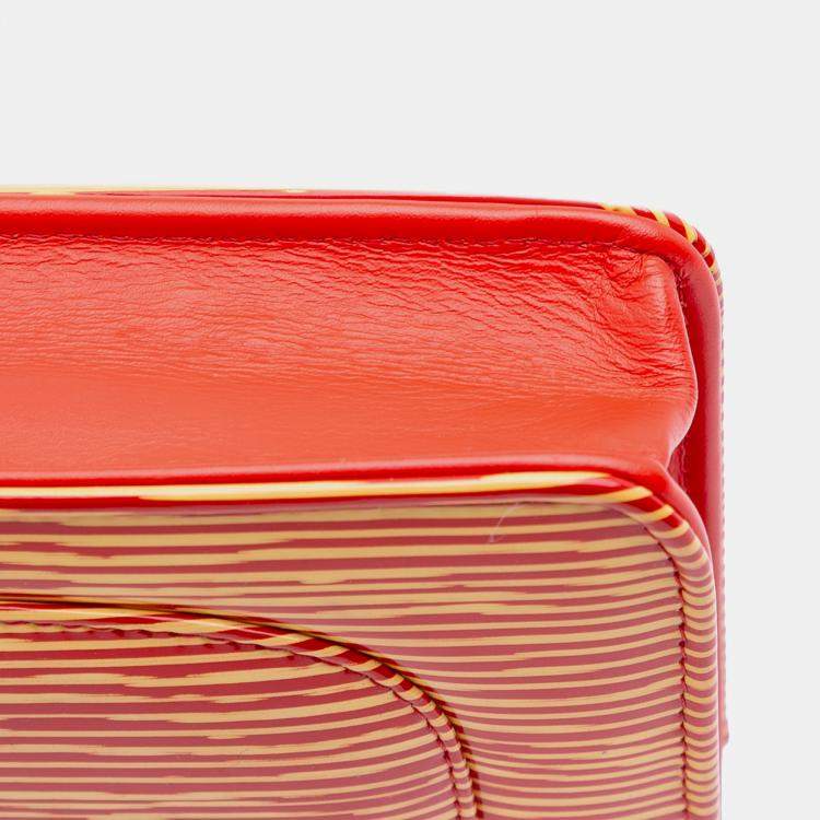 Pre Owned Chanel Orange Red Patent Striped Wallet On Chain