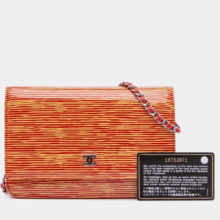 Pre Owned Chanel Orange Red Patent Striped Wallet On Chain