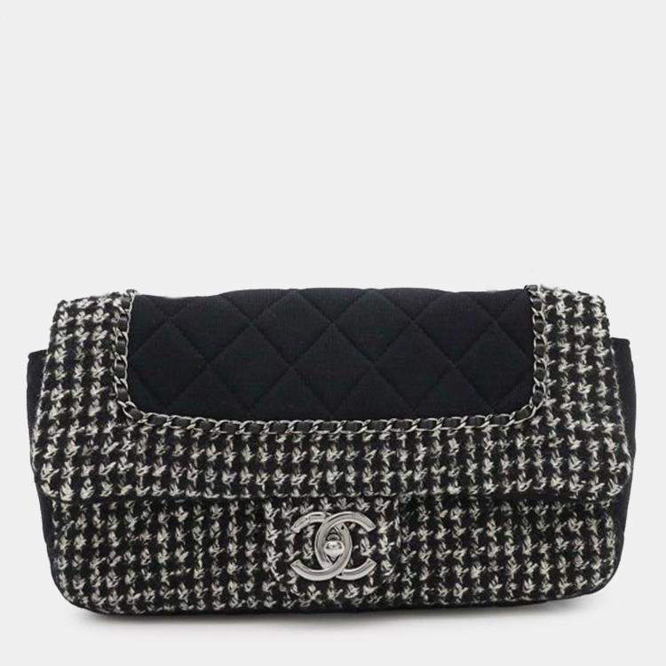 Pre Owned Chanel Black White Medium Quilted Jersey and Tweed Chain Flap