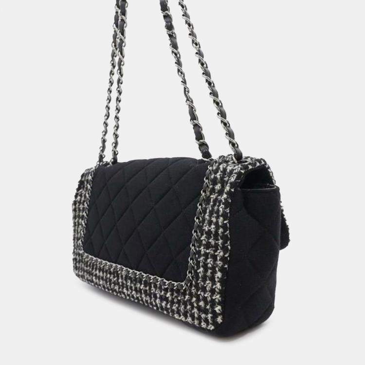 Pre Owned Chanel Black White Medium Quilted Jersey and Tweed Chain Flap