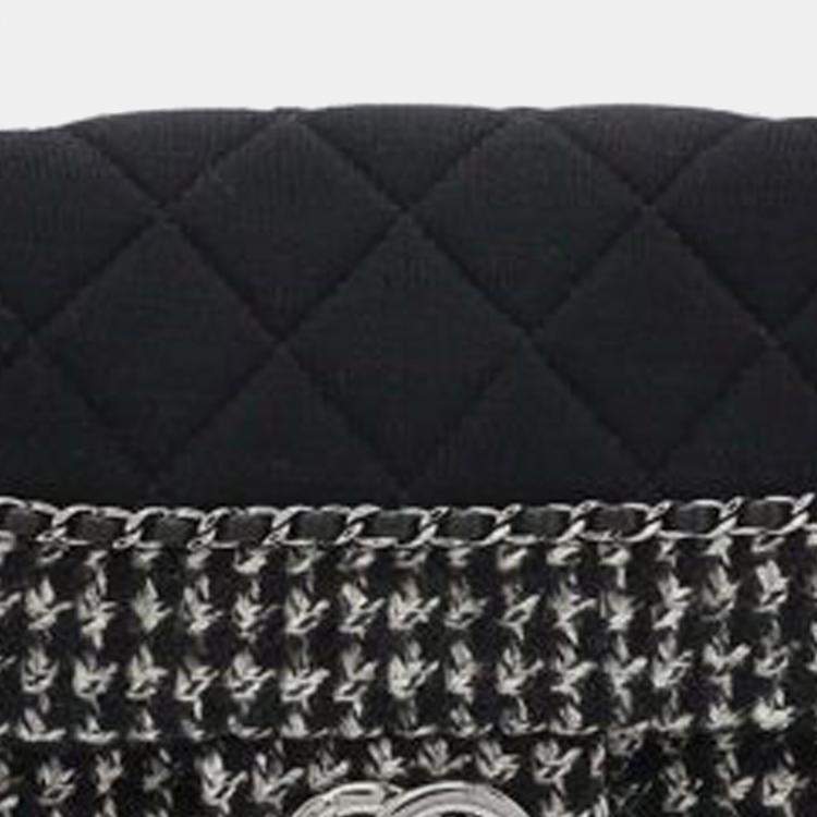 Pre Owned Chanel Black White Medium Quilted Jersey and Tweed Chain Flap