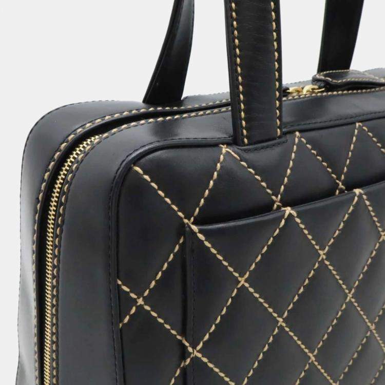 Pre Owned Chanel Wild Stitch Coco Mark Black Leather Handbag