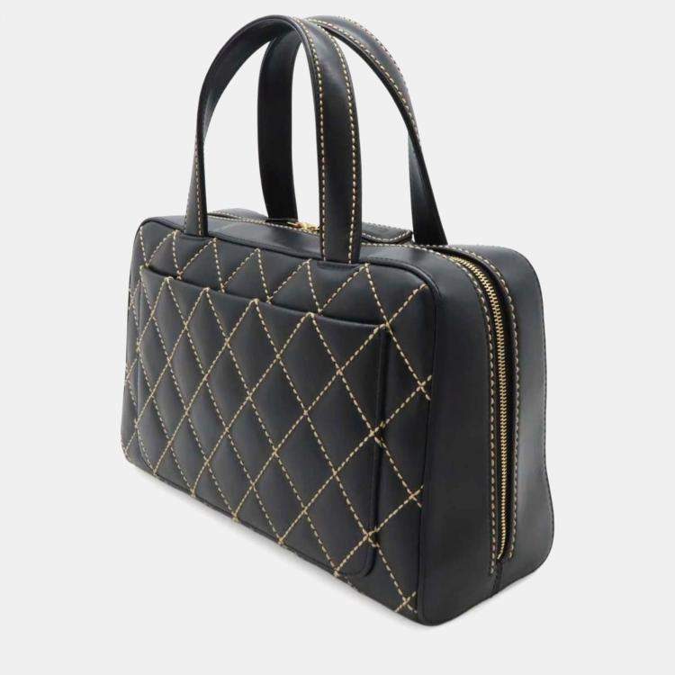 Pre Owned Chanel Wild Stitch Coco Mark Black Leather Handbag