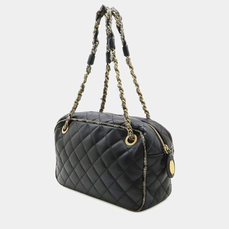 Pre Owned Chanel Matelasse Coco Mark Black Lambskin and Tweed Shoulder Bag