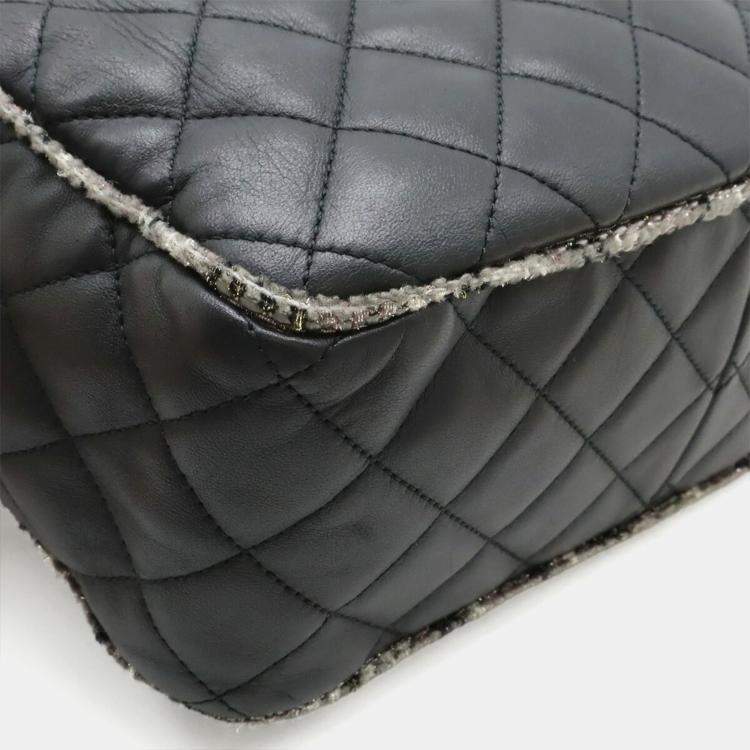 Pre Owned Chanel Matelasse Coco Mark Black Lambskin and Tweed Shoulder Bag