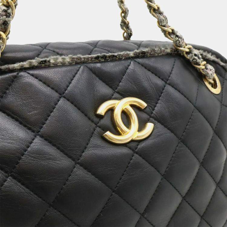 Pre Owned Chanel Matelasse Coco Mark Black Lambskin and Tweed Shoulder Bag