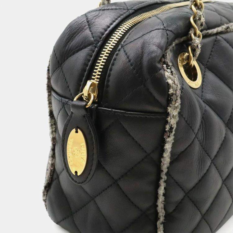 Pre Owned Chanel Matelasse Coco Mark Black Lambskin and Tweed Shoulder Bag
