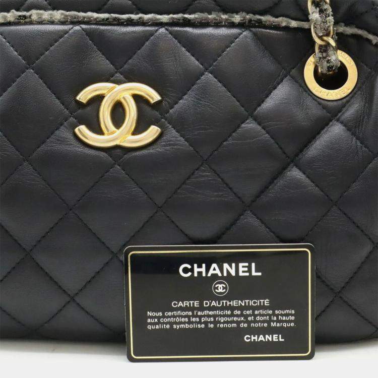 Pre Owned Chanel Matelasse Coco Mark Black Lambskin and Tweed Shoulder Bag