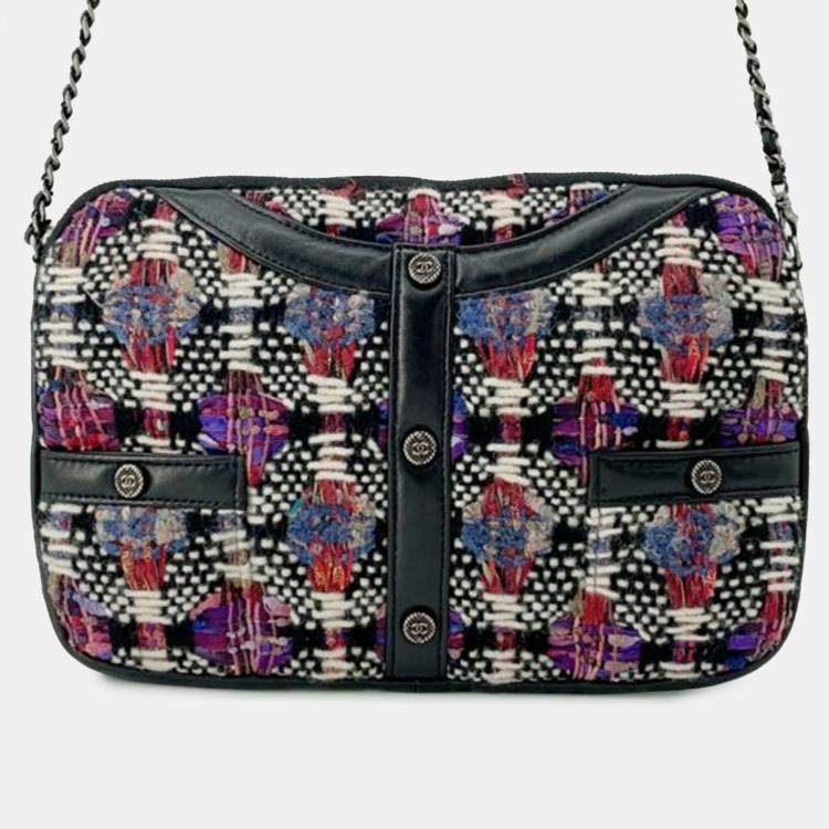 Pre Owned Chanel Black Small Tweed and Lambskin Girl Clutch on Chain