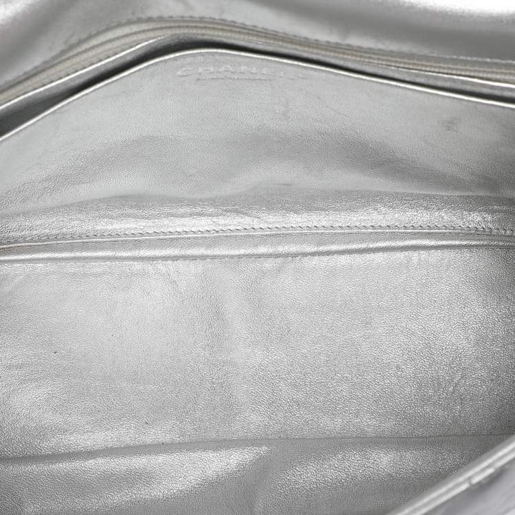 Pre Owned Chanel Silver Quilted Leather Jumbo Classic Single Flap Bag