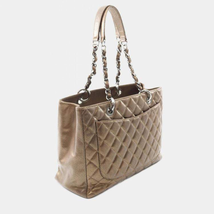 Pre Owned Chanel Matelasse Grand Shopping Tote Gst Bag A50995 Calfskin Gold Shw