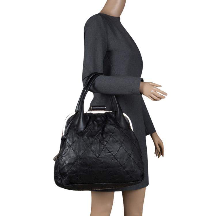Pre Owned Chanel Black Quilted Leather Expandable Zip Around Frame Satchel