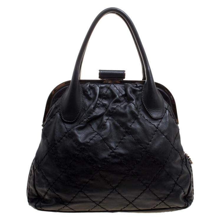 Pre Owned Chanel Black Quilted Leather Expandable Zip Around Frame Satchel