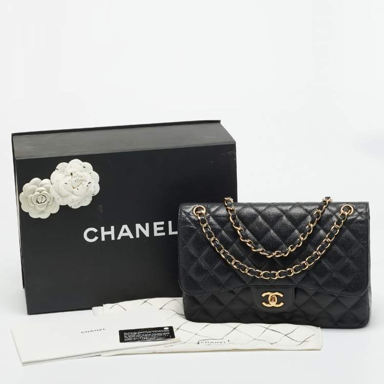 Pre Owned Chanel Black Quilted Caviar Leather Jumbo Classic Double Flap Bag
