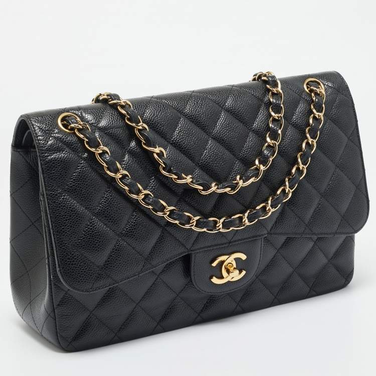 Pre Owned Chanel Black Quilted Caviar Leather Jumbo Classic Double Flap Bag
