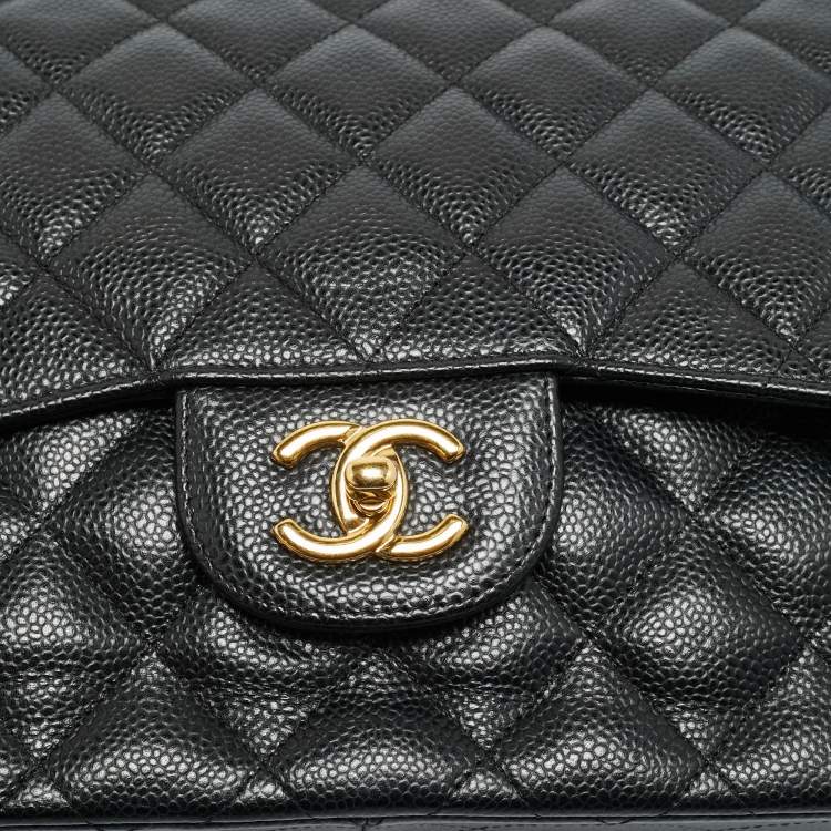 Pre Owned Chanel Black Quilted Caviar Leather Jumbo Classic Double Flap Bag